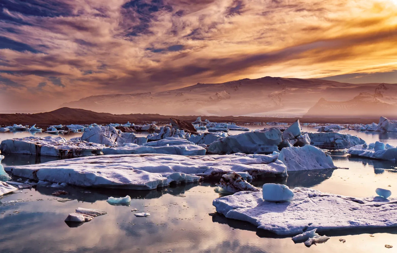 Photo wallpaper ice, winter, the sky, clouds, snow, mountains, lilac, shore