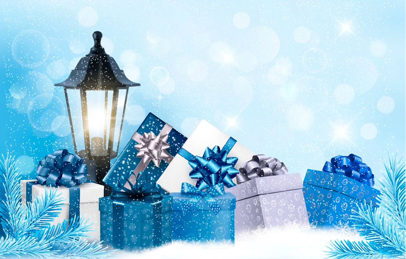 Photo wallpaper snow, holiday, new year, lantern, gifts