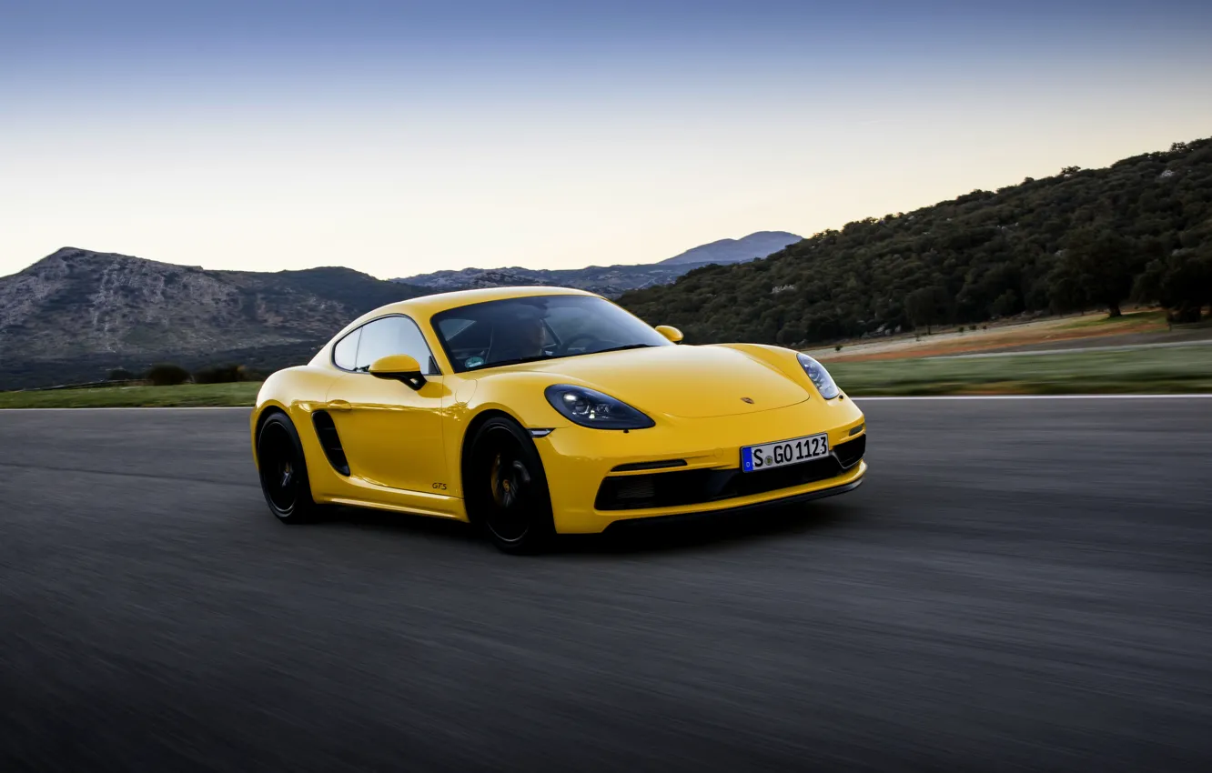 Photo wallpaper yellow, movement, speed, track, Porsche, 2017, 718 Cayman GTS