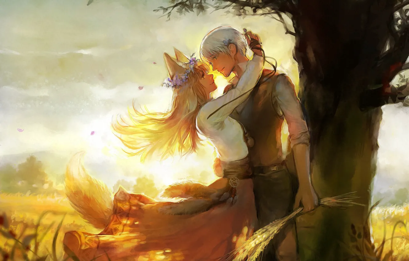 Photo wallpaper sunset, romance, pair, painting, two, wreath, Spice and wolf