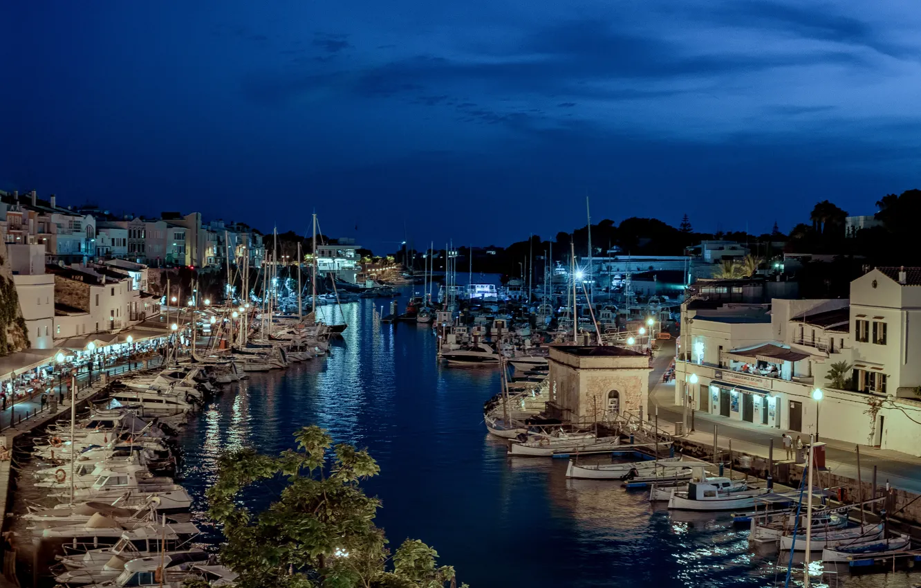 Photo wallpaper night, lights, boat, Spain, harbour, Menorca, Ciutadella