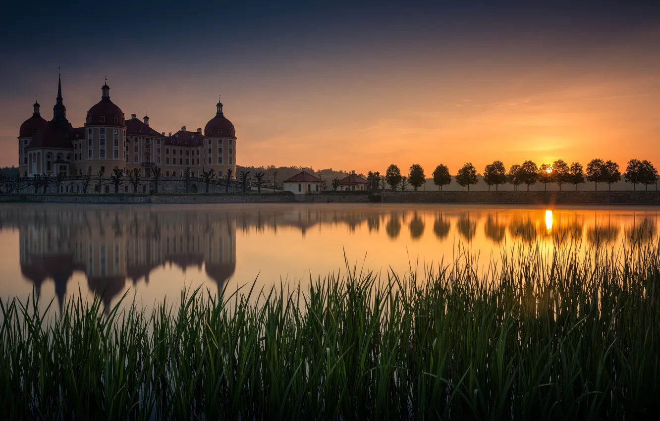 Photo wallpaper sunset, castle, Germany, pond