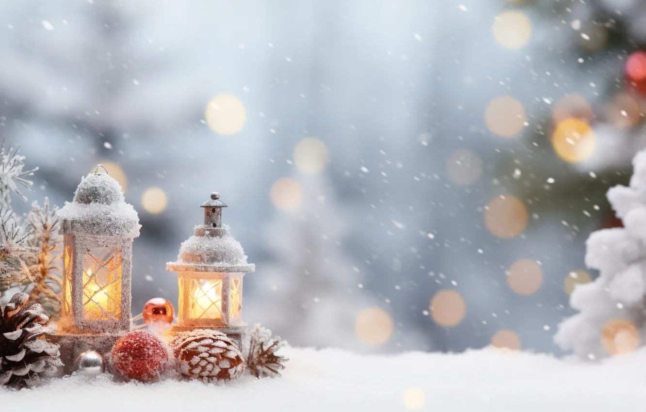 Photo wallpaper winter, snow, decoration, new year, Christmas, Christmas, winter, snow
