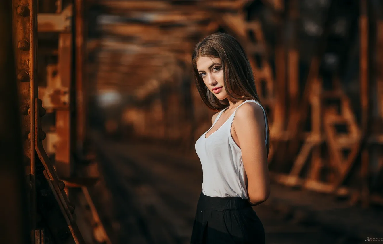 Photo wallpaper beauty, beauty, white t-shirt, White T-Shirt, railway bridge, Agelos Tzitzifopoulos, charming girl, sexy brown-haired woman