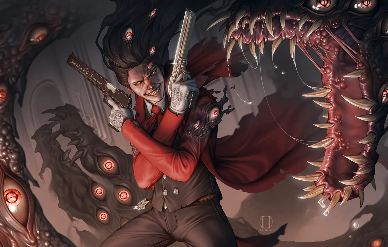 Photo wallpaper eyes, hair, guns, anime, vampire, gun, cloak, Hellsing