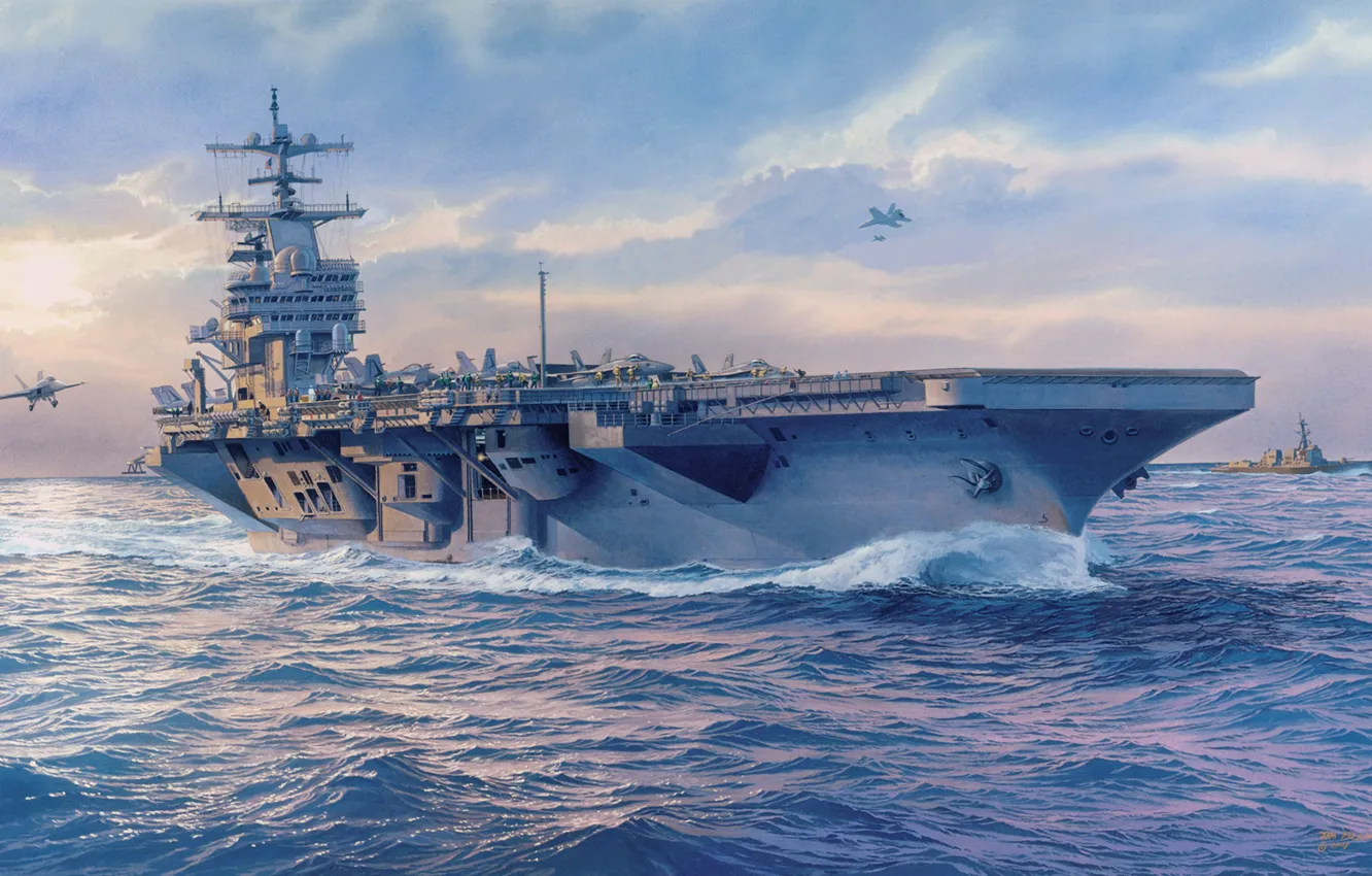 Photo wallpaper the ocean, ship, art, artist, the carrier, Navy, the plane, painting