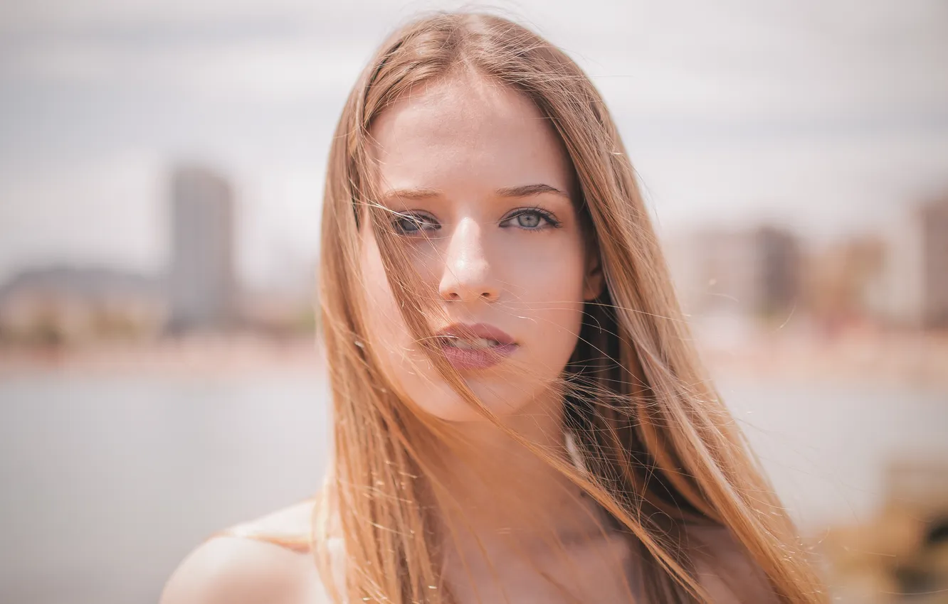 Photo wallpaper eyes, look, girl, face, background, the wind, hair, lips