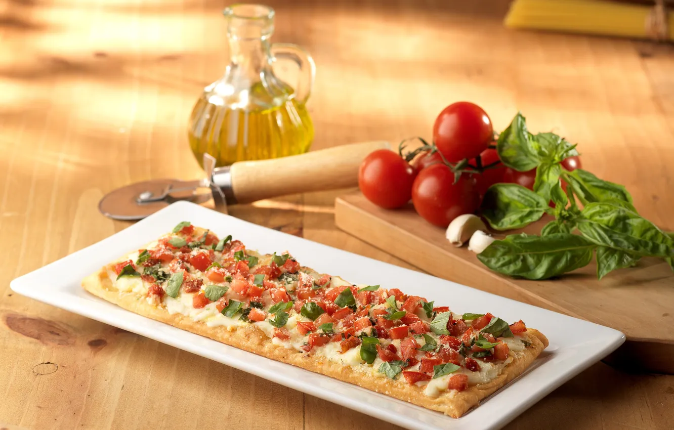 Photo wallpaper Board, oil, food, cheese, pie, tomatoes, dish, garlic