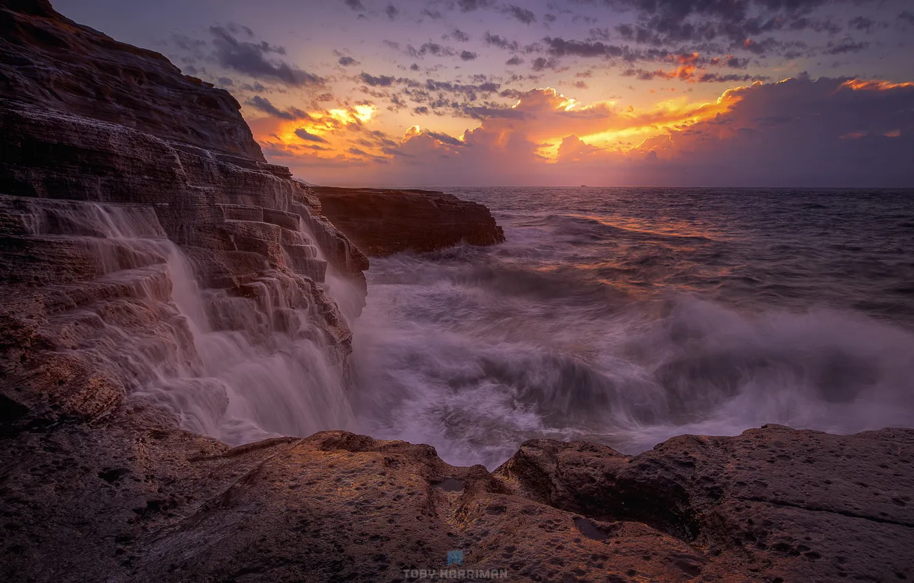 Photo wallpaper water, the ocean, rocks, dawn