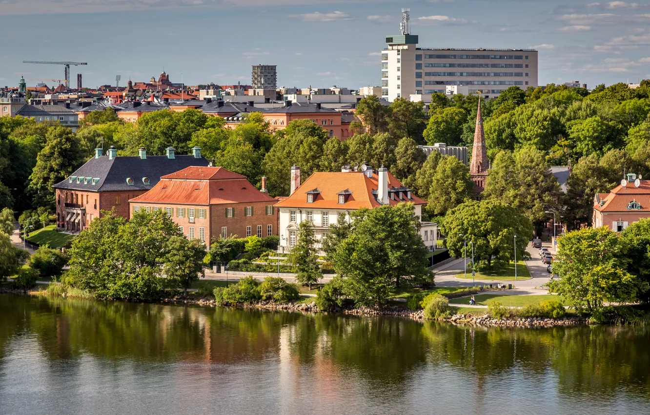 Photo wallpaper trees, river, home, Stockholm, Sweden
