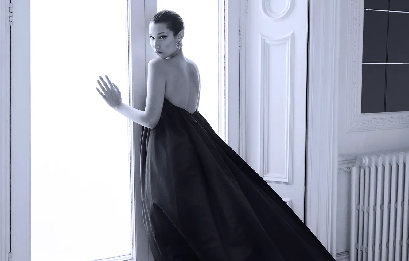 Photo wallpaper look, girl, model, window, black and white, Bella Hadid