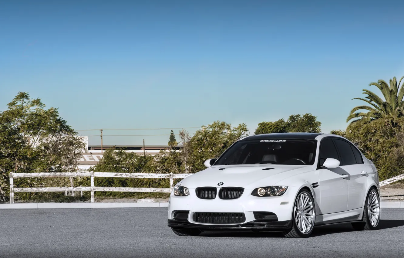 Photo wallpaper white, the sky, trees, bmw, BMW, the fence, white, front view
