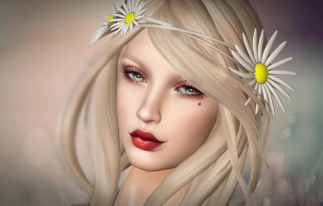 Photo wallpaper eyes, look, girl, flowers, face, background, hair, lips