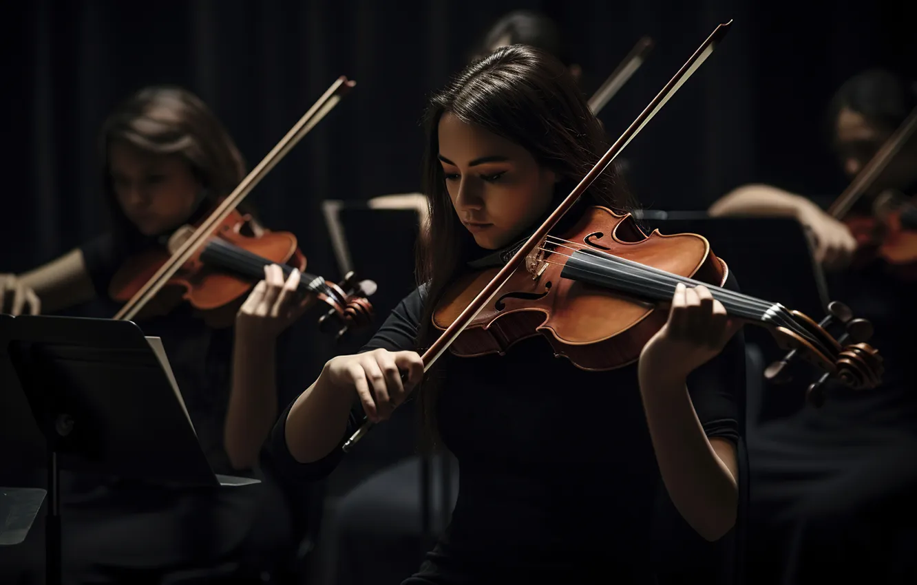 Photo wallpaper girl, music, the dark background, violin, the game, hands, Asian, musician