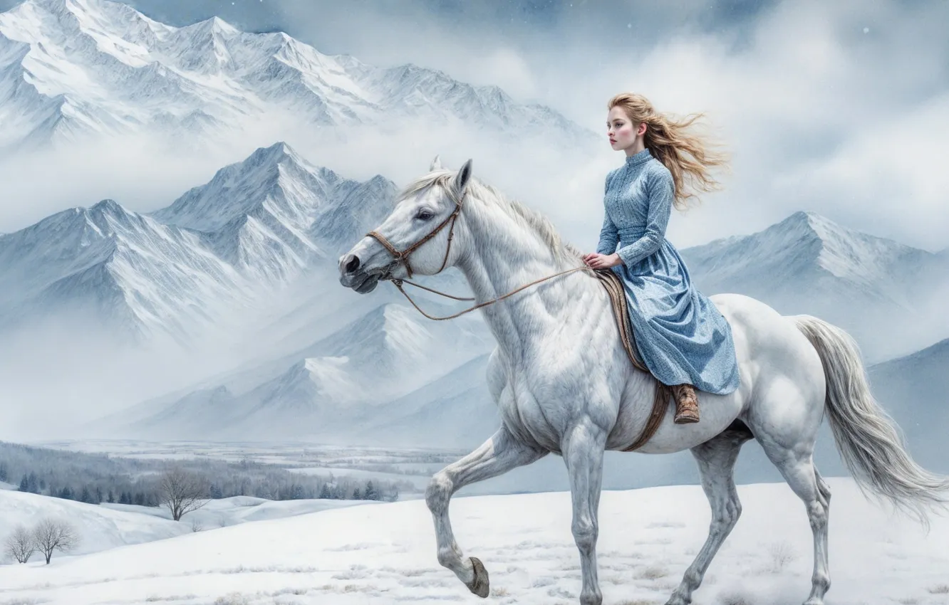 Photo wallpaper winter, field, white, the sky, girl, clouds, snow, mountains