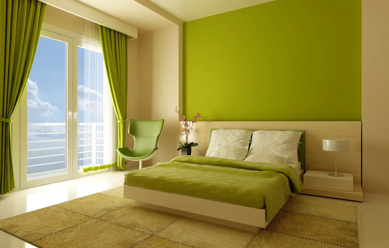 Photo wallpaper design, style, room, bed, interior, chair, window, green