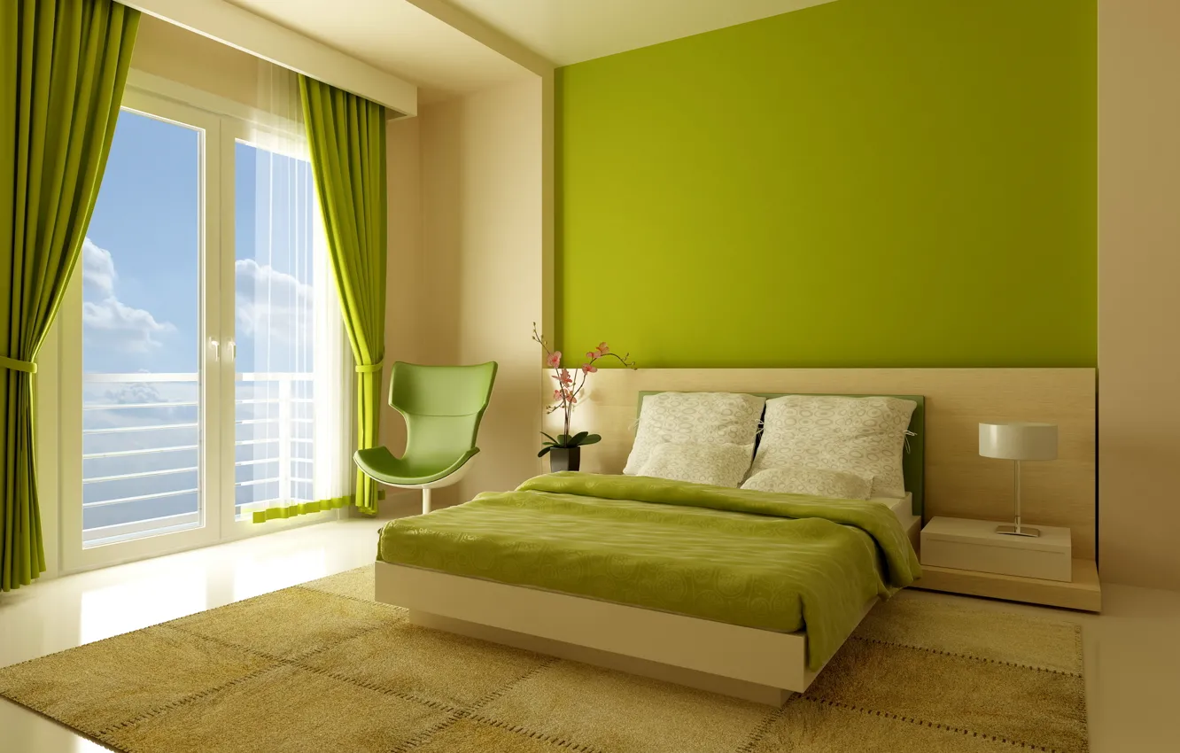 Photo wallpaper design, green, style, room, bed, interior, chair, window