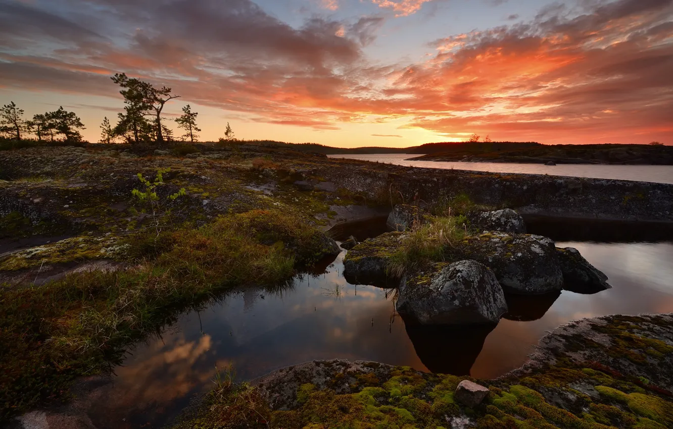 Photo wallpaper the sky, trees, sunset, river, stones, shore, the evening