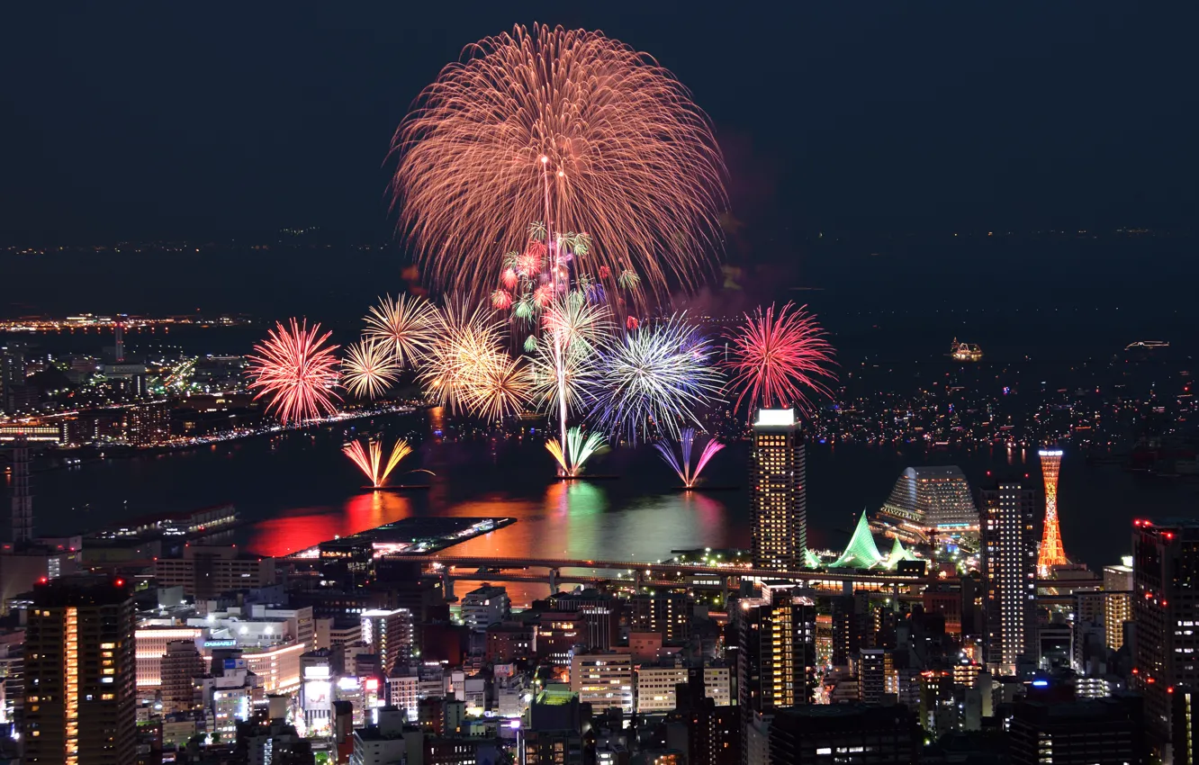 Photo wallpaper Japan, Japan, fireworks, harbour, fireworks, Kobe, harbor, Kobe