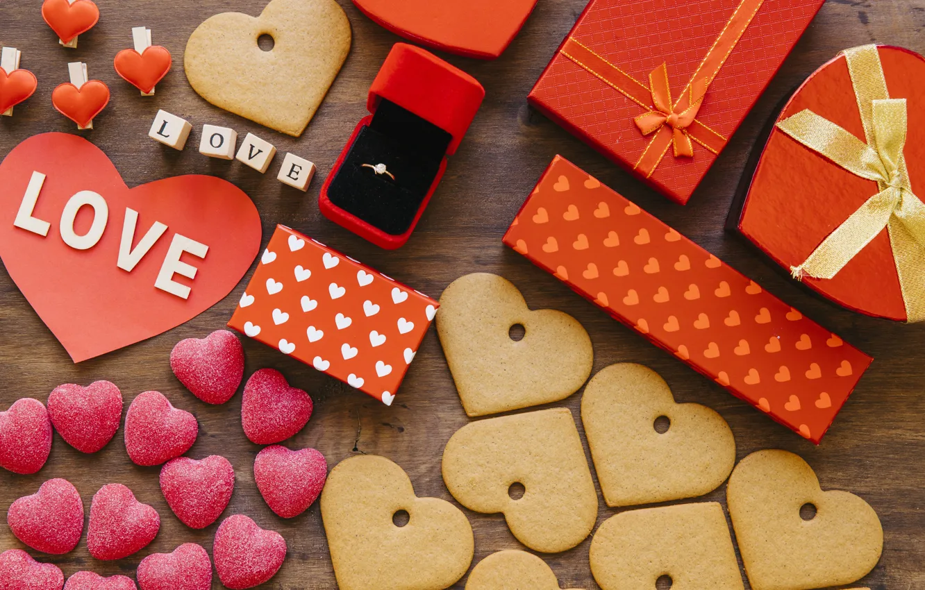 Photo wallpaper love, box, heart, cookies, ring, gifts, Valentine's Day