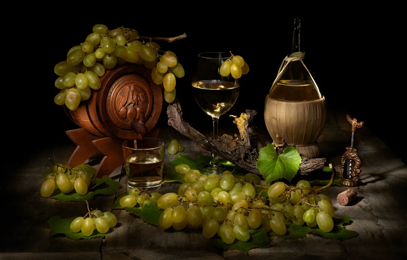 Photo wallpaper wine, glass, bottle, food, grapes, black background, still life, items
