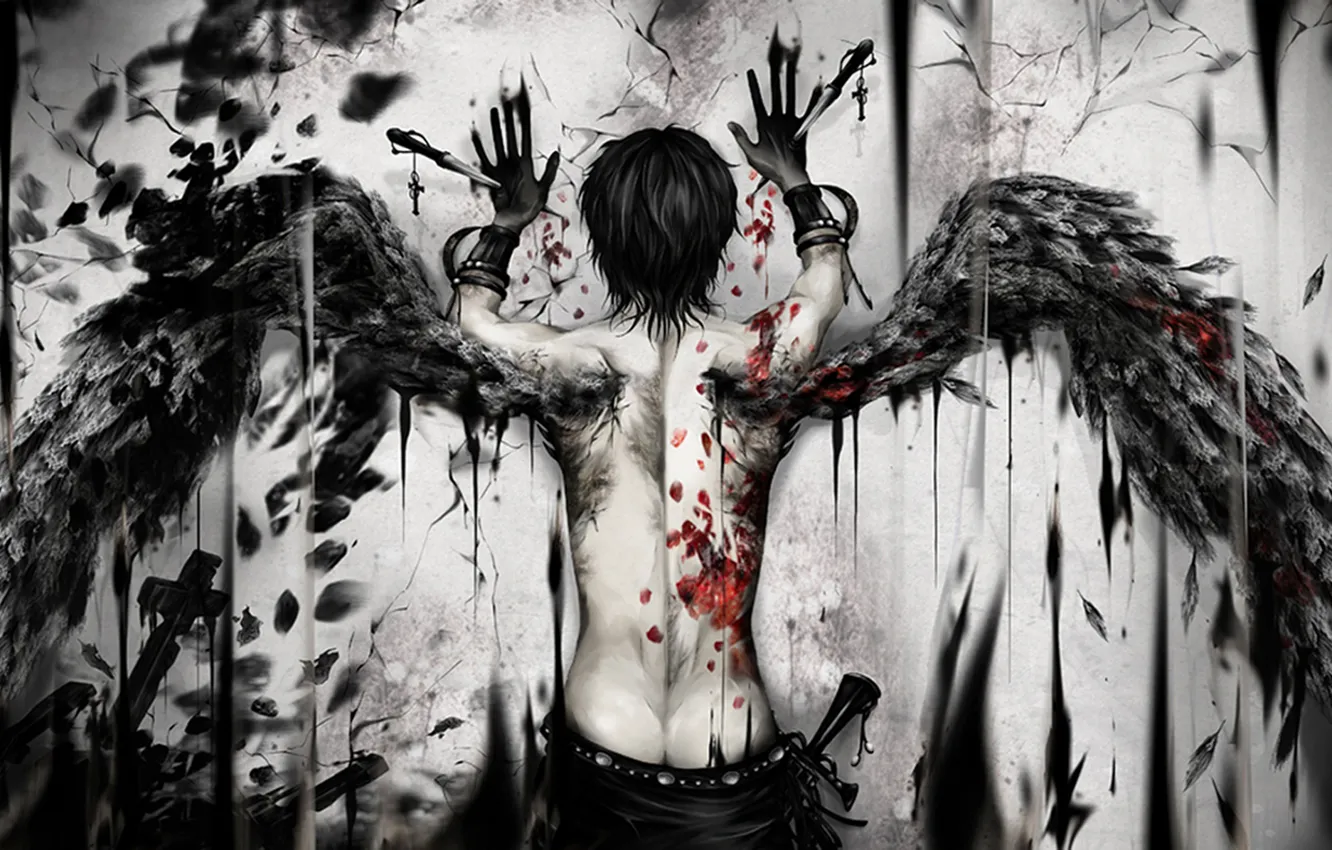 Photo wallpaper crosses, blood, wings, petals, Guy