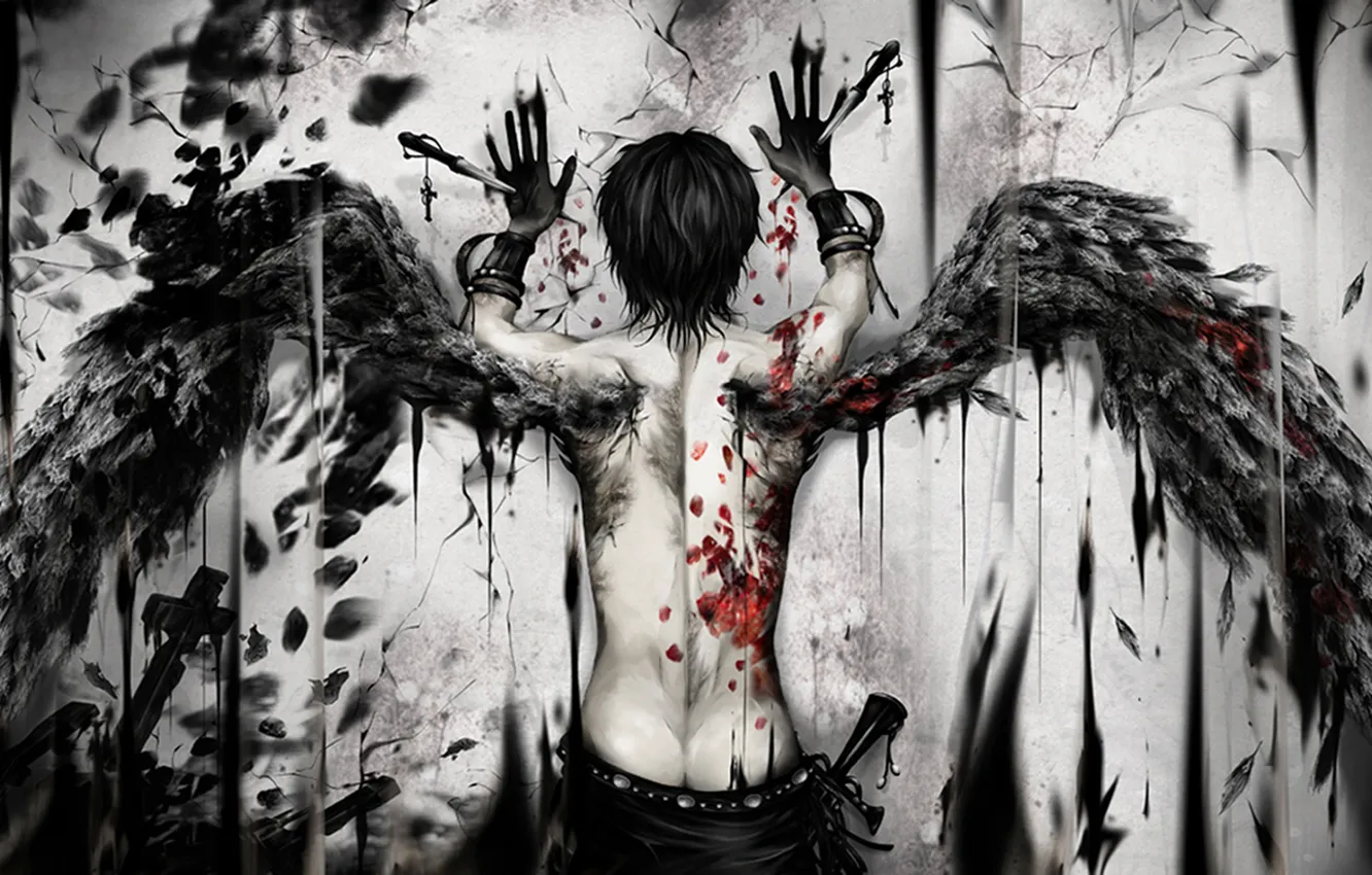 Photo wallpaper blood, wings, cross, petals, guy