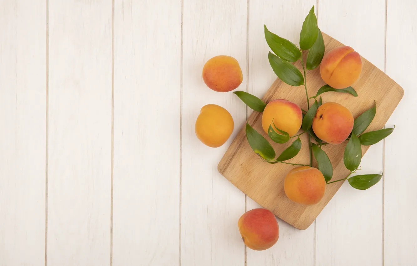 Photo wallpaper leaves, Board, light background, apricots, cutting Board