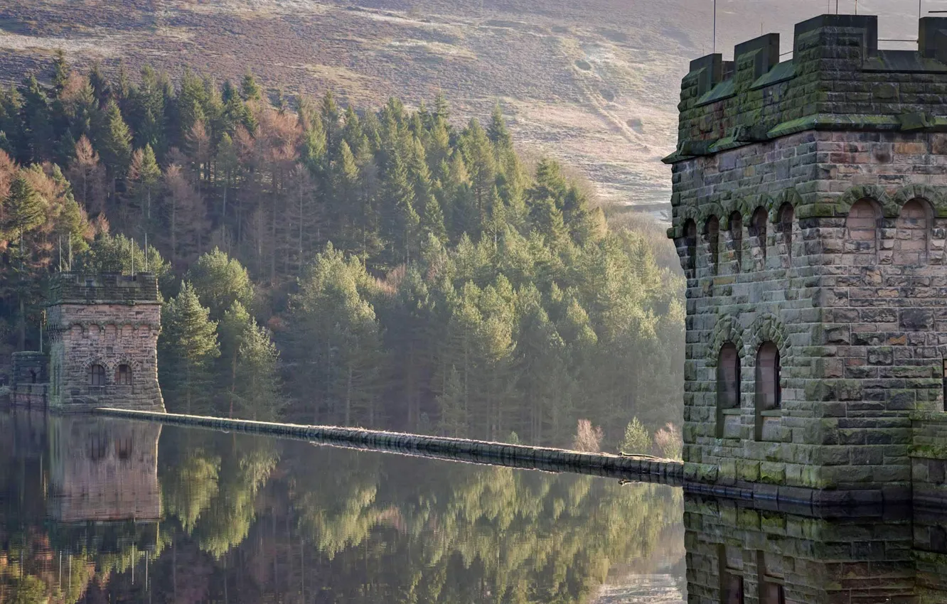 Photo wallpaper England, tower, dam, Derbyshire, Represent Visually What Derwent