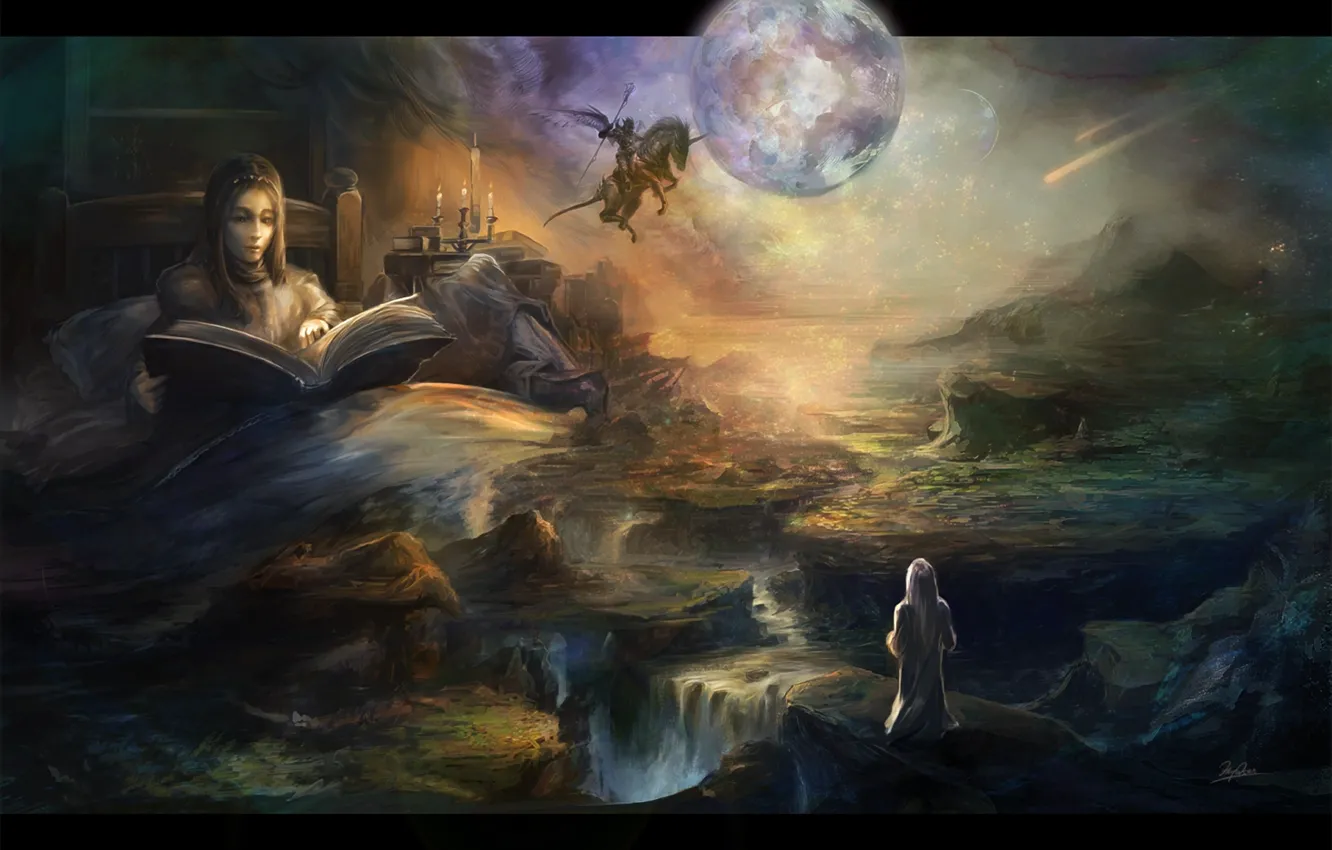 Photo wallpaper girl, landscape, the moon, bed, wings, tale, candles, art