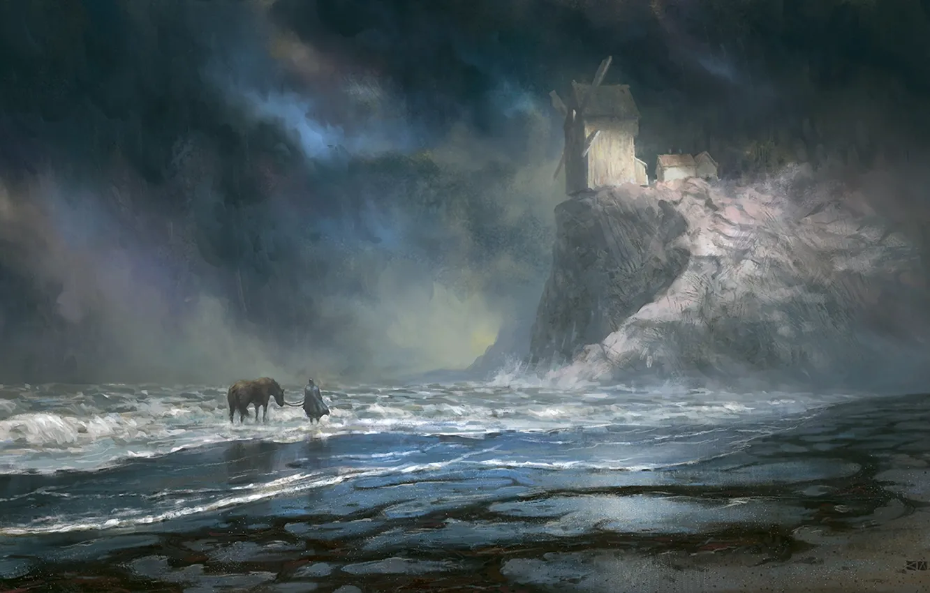 Photo wallpaper sea, horse, people, art, bad weather, painted landscape