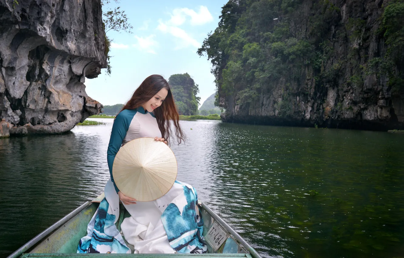 Photo wallpaper nature, smile, boat, dress, Asian