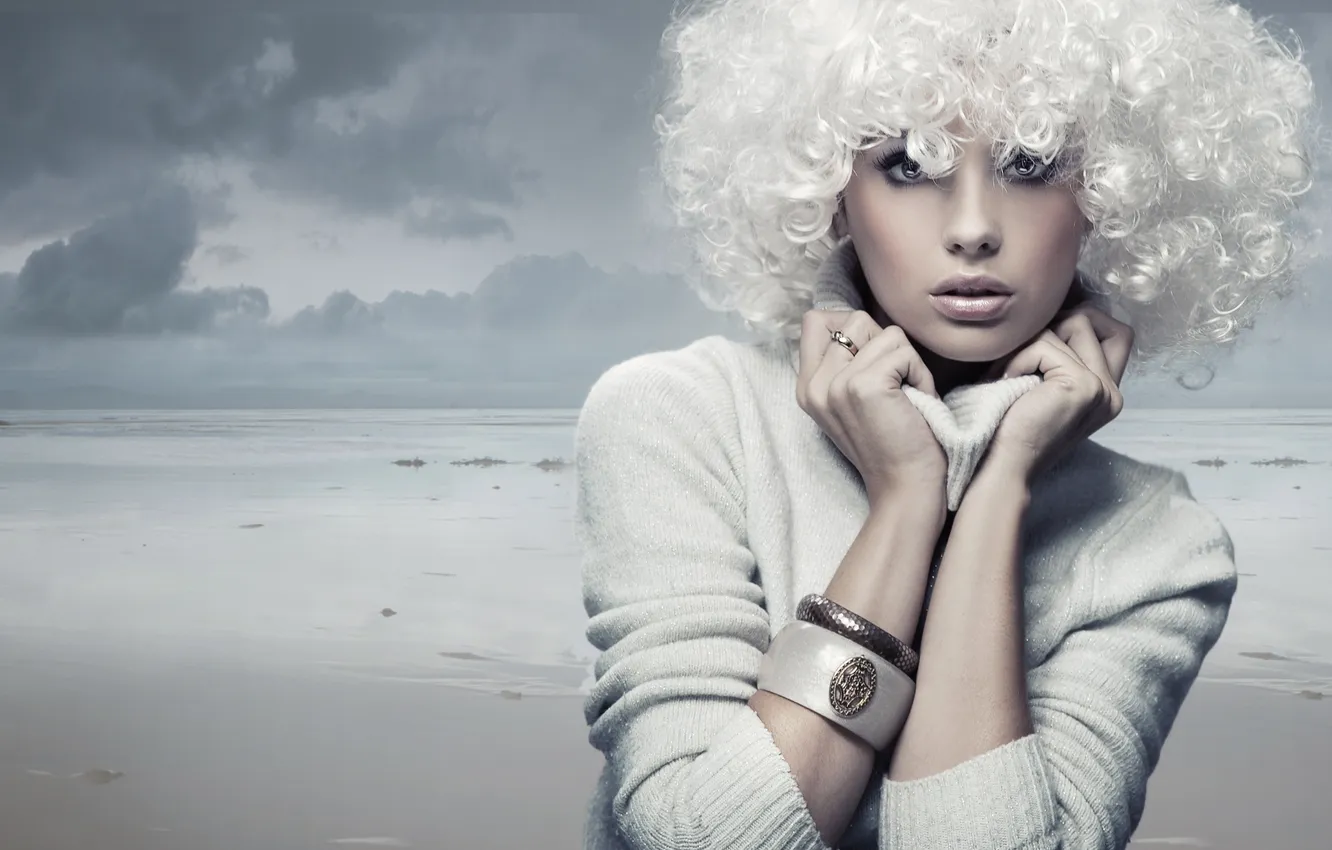 Photo wallpaper sea, look, girl, clouds, jacket, bracelets, wig