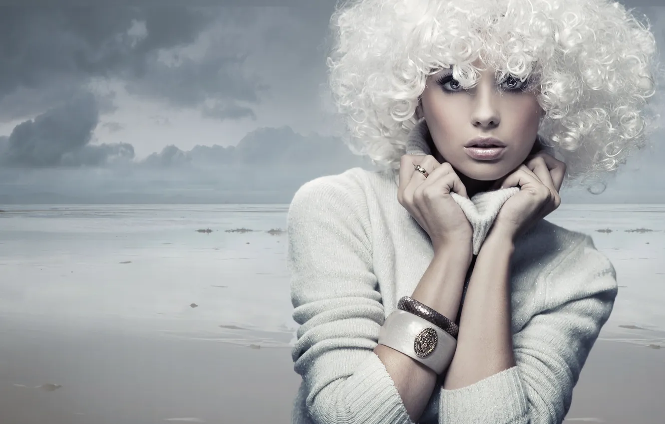 Photo wallpaper sea, look, girl, clouds, bracelet, jacket, wig