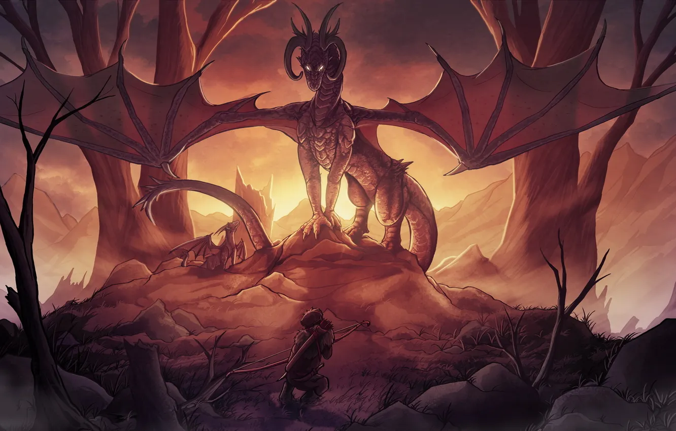 Photo wallpaper forest, dragon, wings, cub, Archer