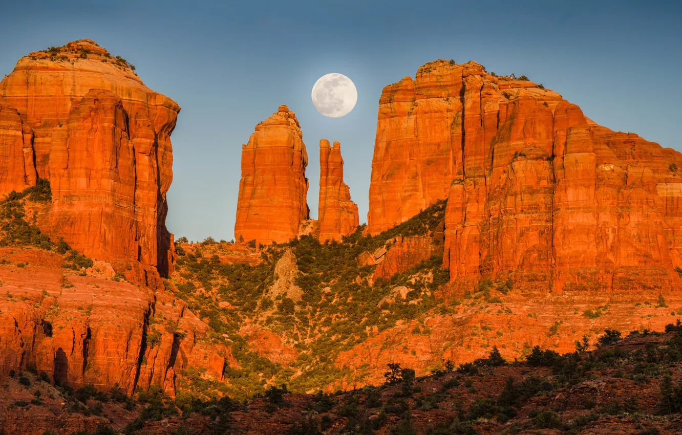 Photo wallpaper the sky, rocks, the moon, shadow, solar, full moon, Sandstone, outliers