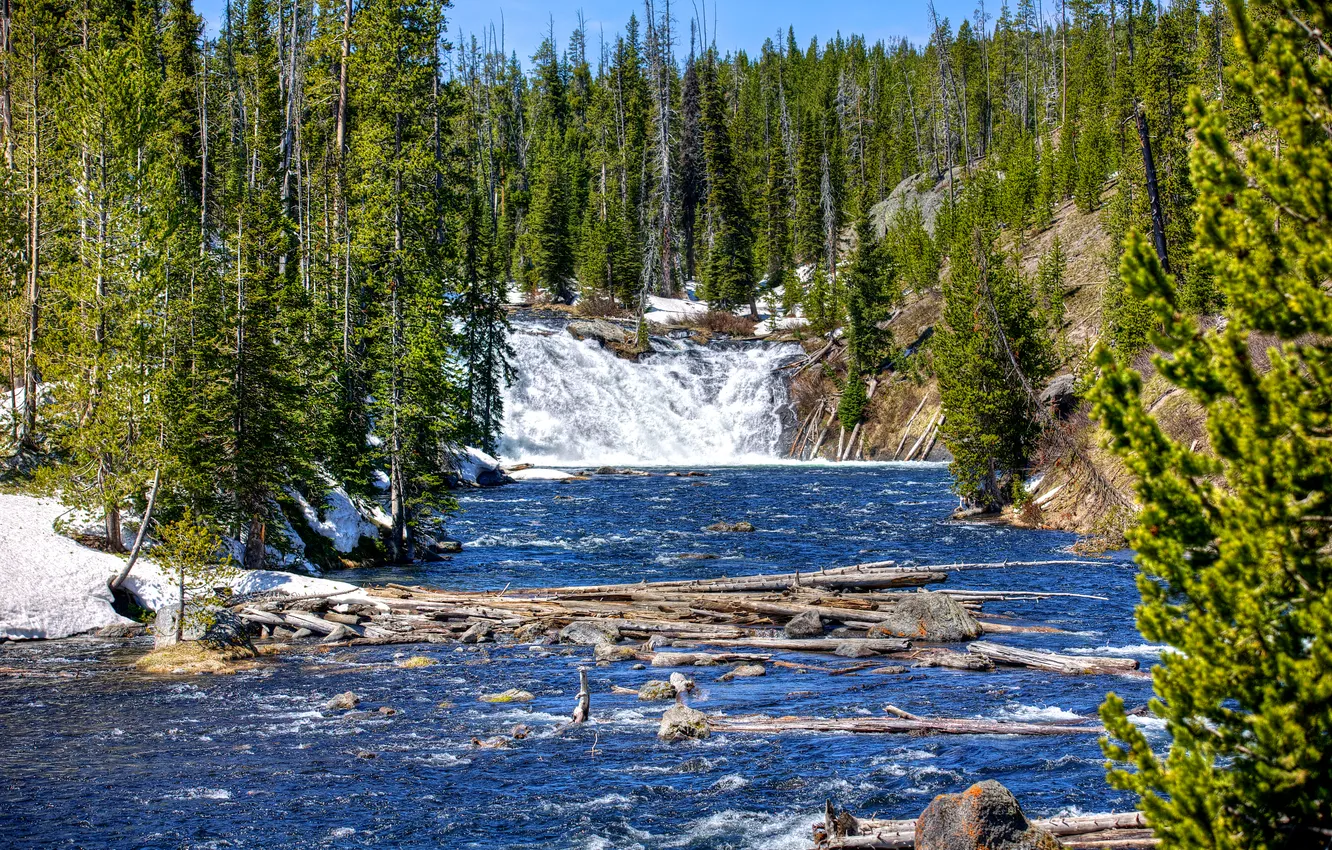 Photo wallpaper forest, the sky, clouds, snow, trees, river, waterfall, USA