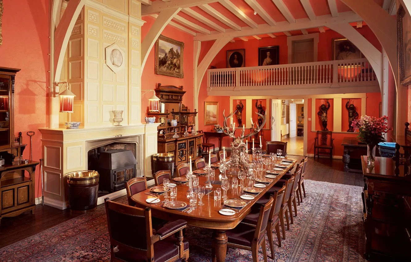 Photo wallpaper design, style, England, interior, fireplace, dining room, Northern Ireland, Banquet hall