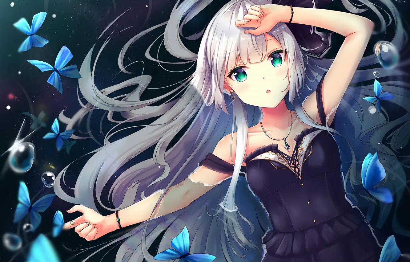 Photo wallpaper girl, sexy, cleavage, green eyes, long hair, dress, boobs, anime