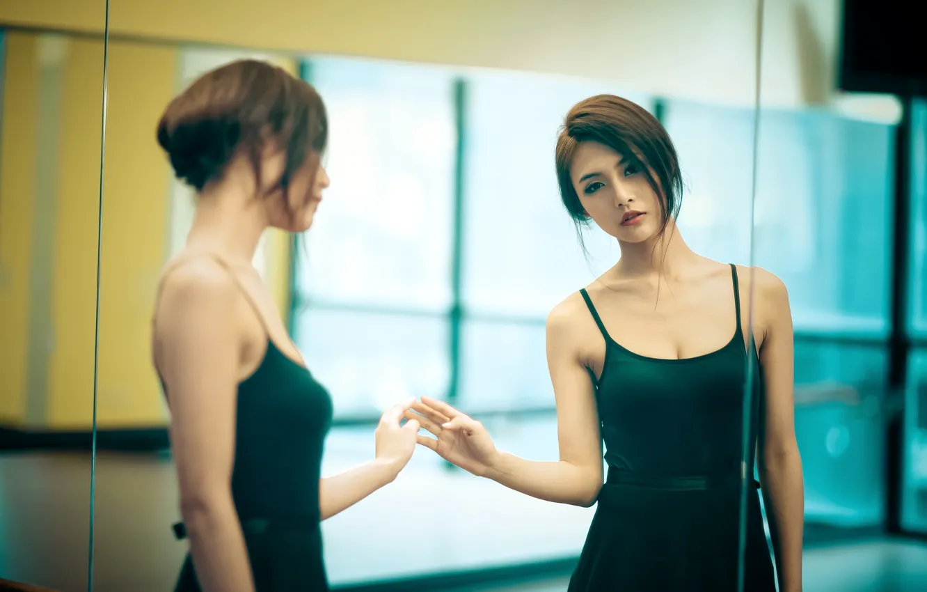 Photo wallpaper girl, reflection, dress, mirror, Asian