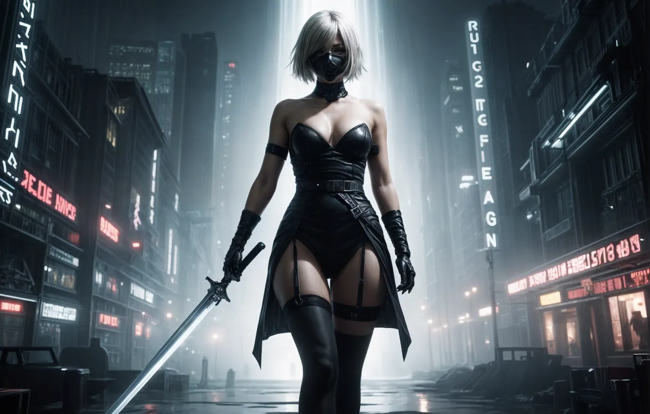 Photo wallpaper girl, the city, sword, YoRHa No.2 Type B, the image is generated by AI