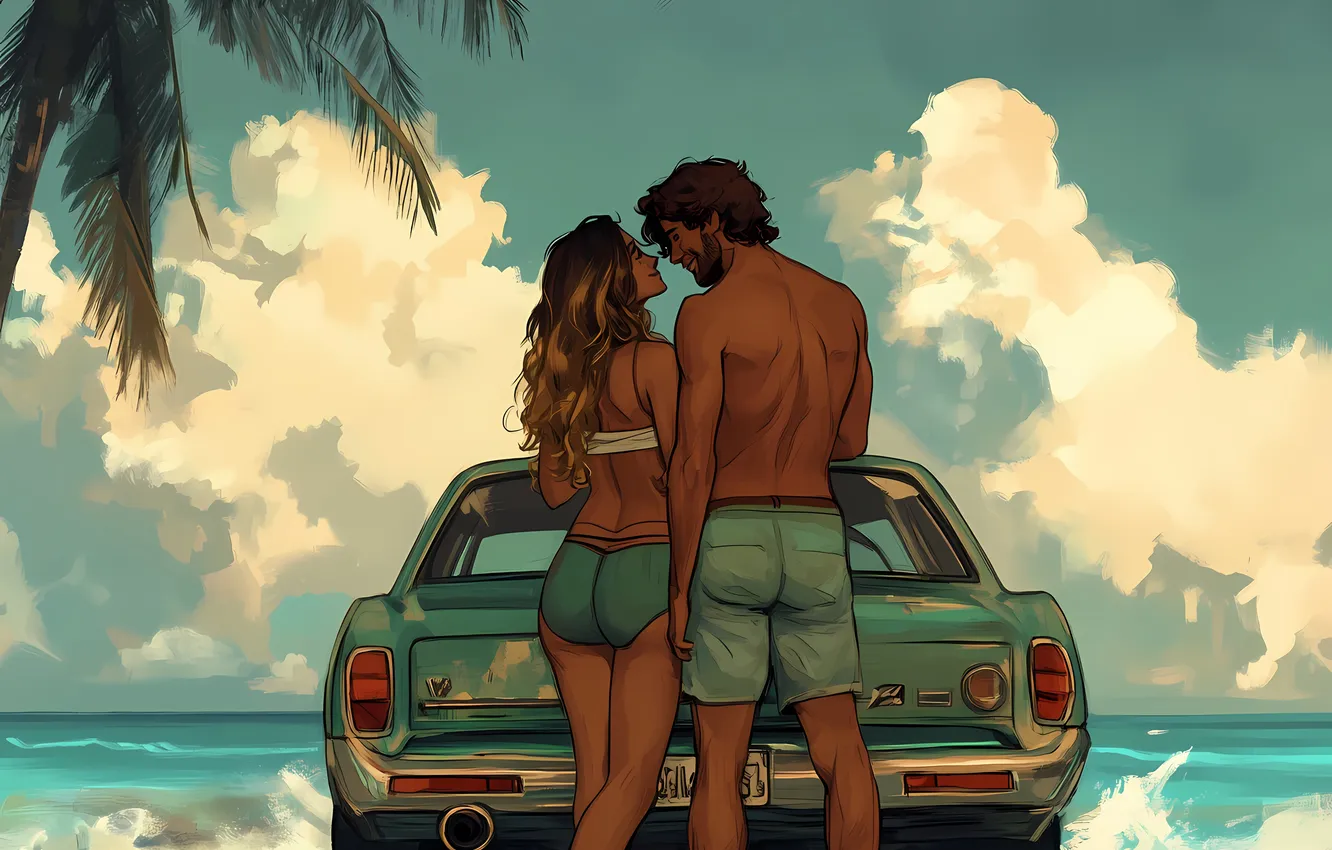 Photo wallpaper neural network, two, sea, clouds, retro, girl, palm trees, digital art