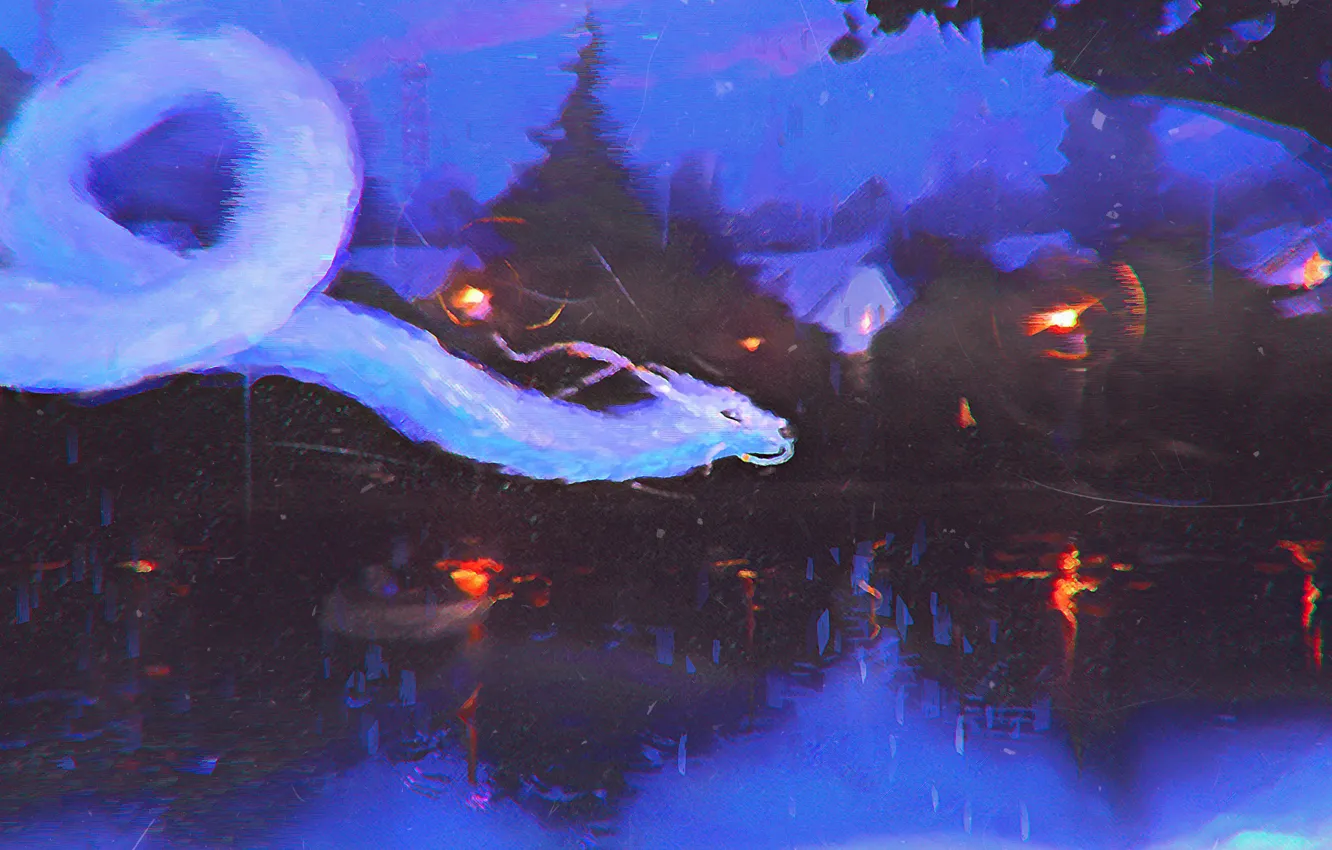 Photo wallpaper water, night, lake, dragon, spirit, art, snakes