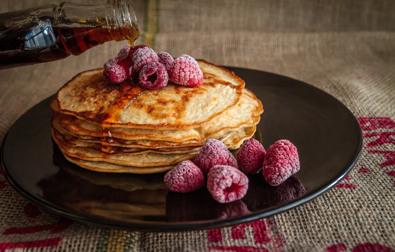 Photo wallpaper raspberry, food, Breakfast, sweet, syrup, pancakes