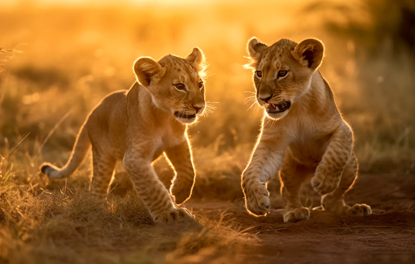 Photo wallpaper light, cub, a couple, lion, digital art, AI art, The Art of Artificial Intelligence, neural …