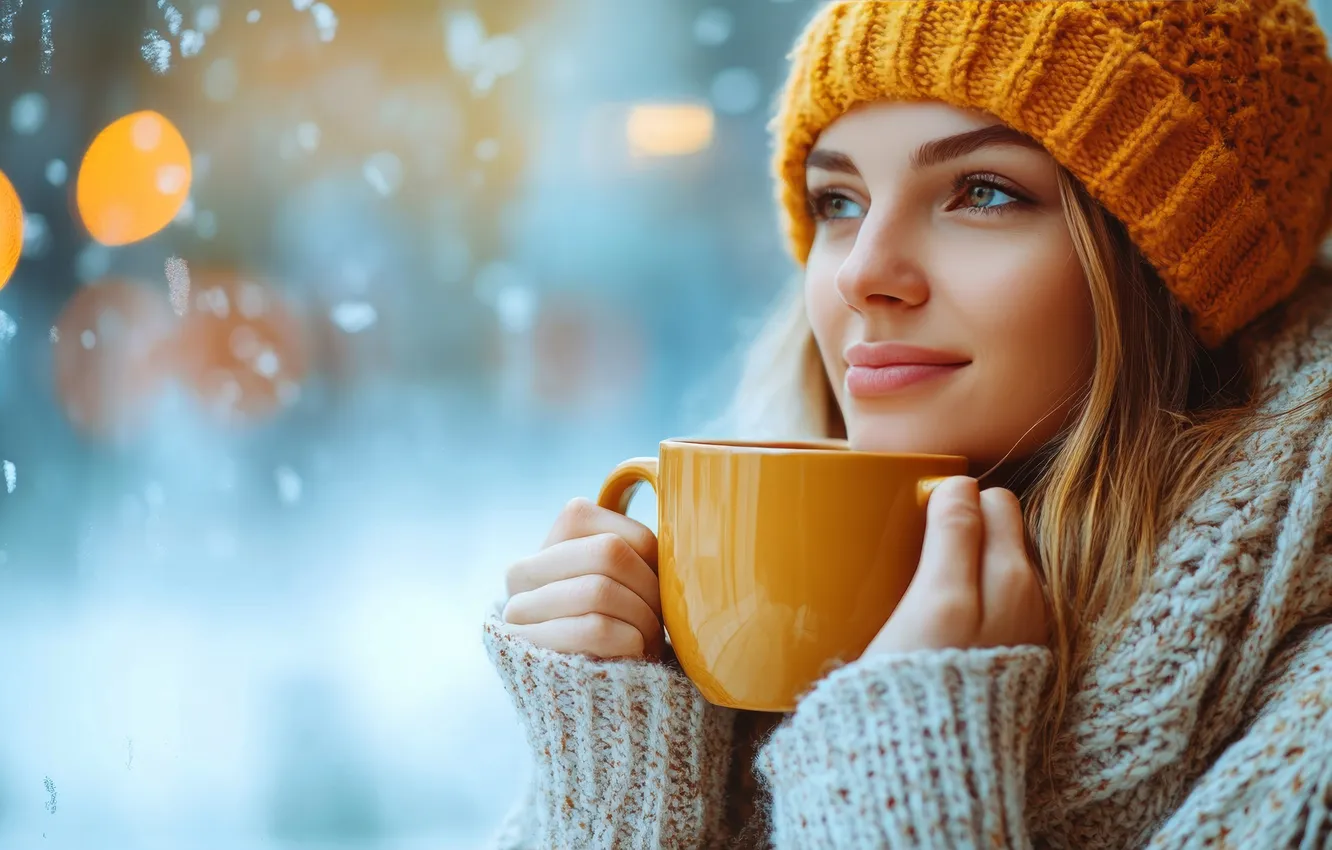 Photo wallpaper winter, look, glass, girl, snow, dreams, face, lights