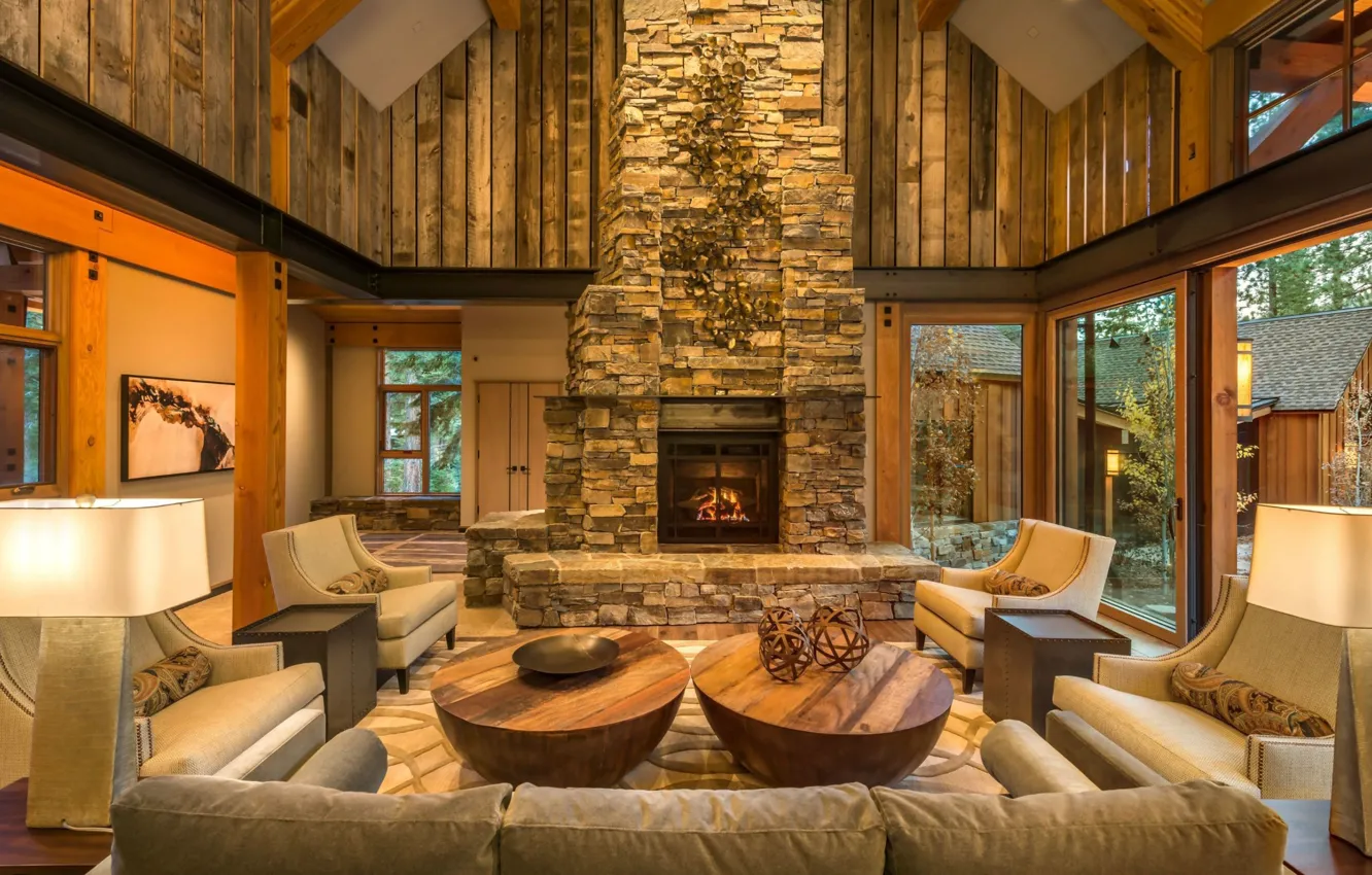Photo wallpaper design, style, interior, fireplace, living room, wooden house