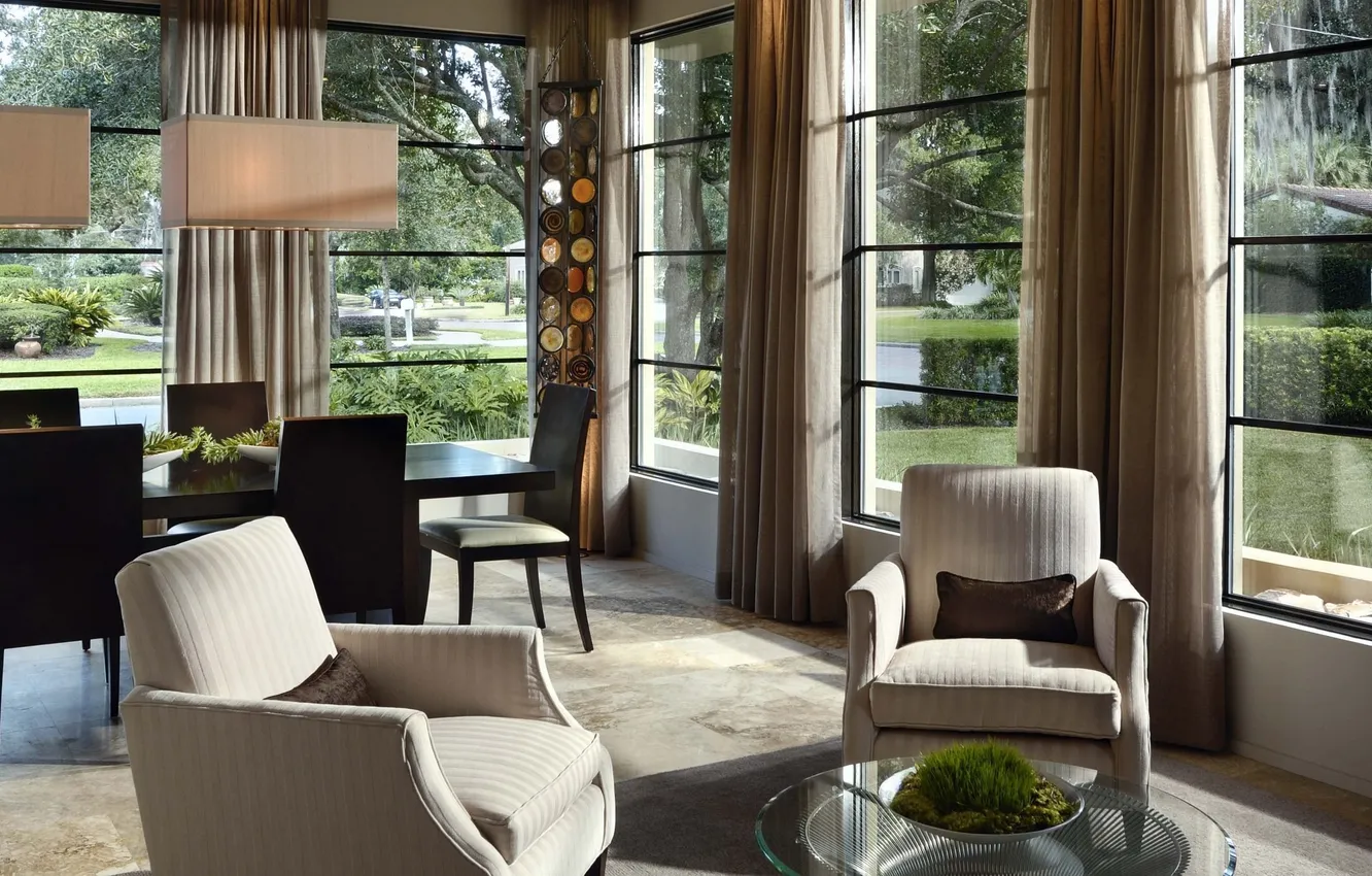 Photo wallpaper design, style, interior, chair, living room, dining room, Panoramic windows