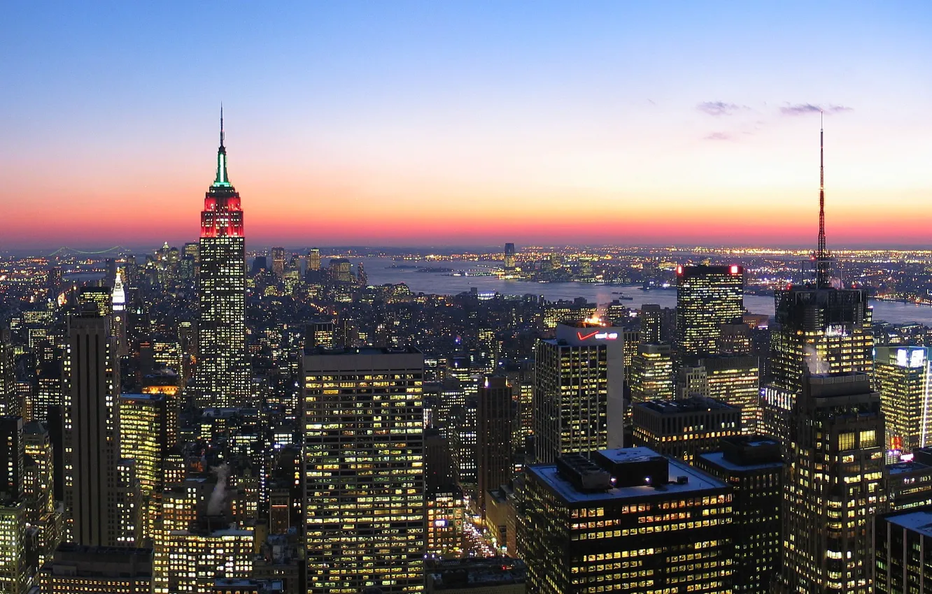 Photo wallpaper Sunset, The sky, Clouds, The evening, New York, Lights, The city, Manhattan