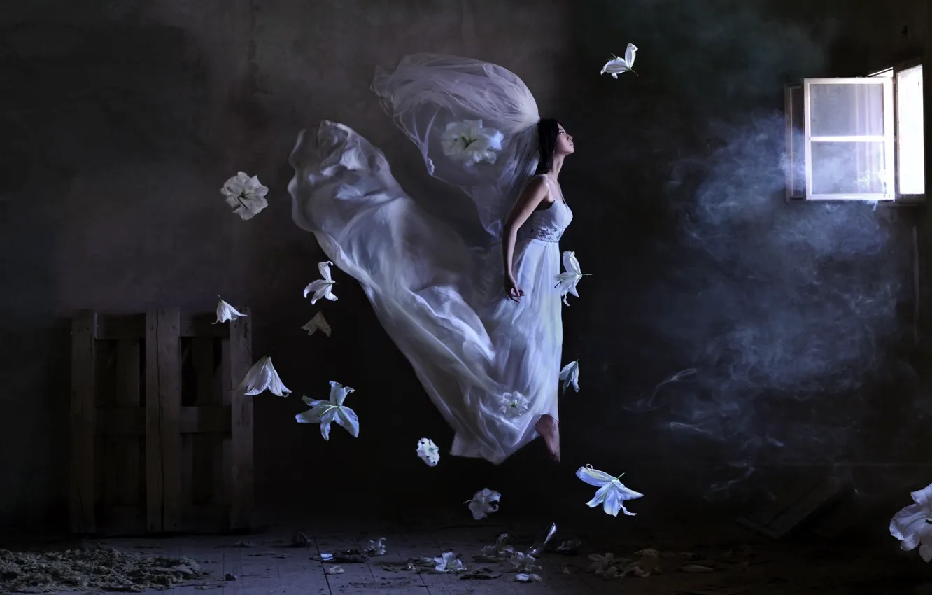 Photo wallpaper light, flowers, dress, window, the bride, veil, levitation